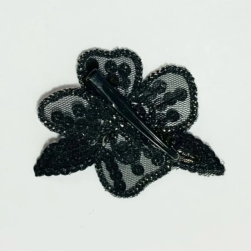 Vintage Black Flower Barrette Applique Mesh Sequins Squeeze Clip